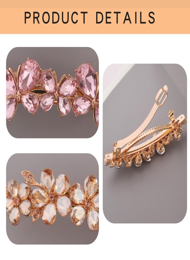 HLTOO 2PCS Rhinestone Hair Clips, Flower and Butterfly Bridal Hair Accessories, Sparkly Hair Barrettes for Wedding Women and Girls Long Hair, Champagne and Pink Color - Image 3